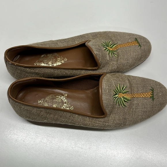 Erica Wilson Needlepoint Shoes Slip On Loafers Shoe Palm Tree Tan Green Size 8 - Picture 2 of 11